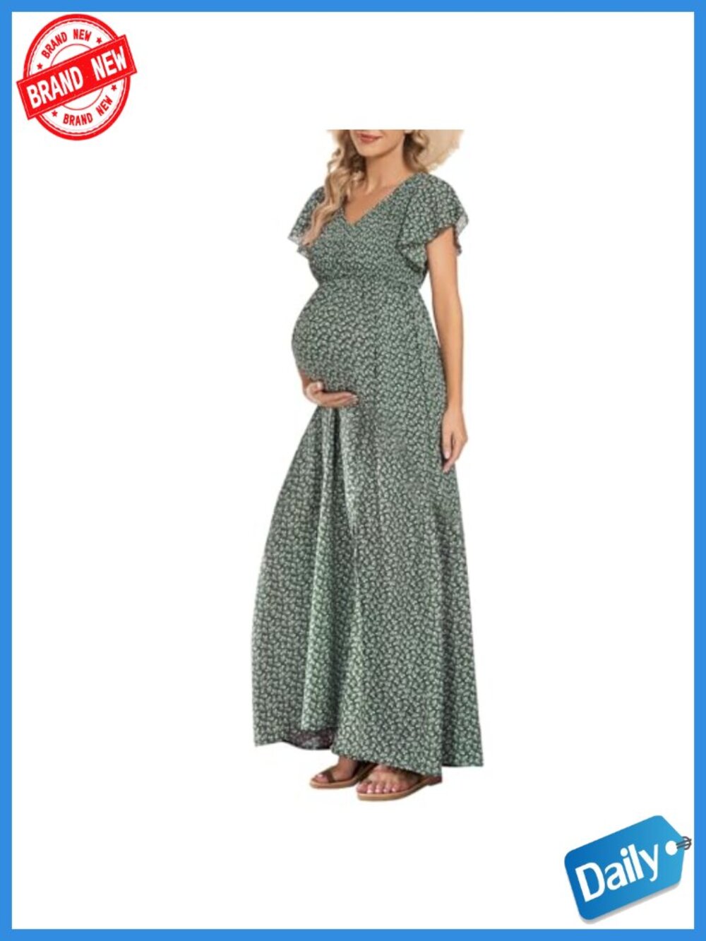 Floral Maternity Dress V-Neck Smocked Flutter Sleeve A-Line Baby Shower